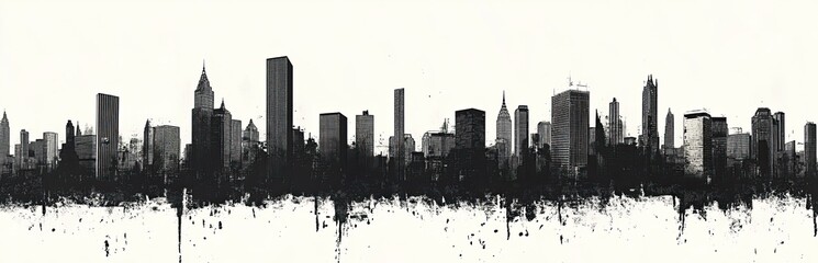 Monochrome Skyline with Black Ink Splatter, Urban Cityscape, Distressed Style
