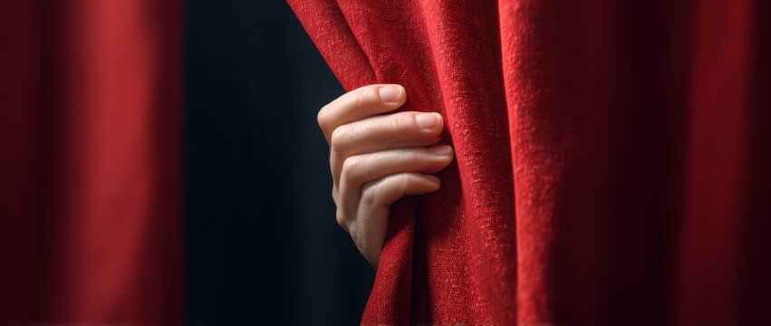A hand peeking through red velvet curtains, creating mystery.