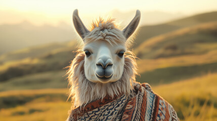Obraz premium Llama wearing a patterned blanket standing in a field at sunset 