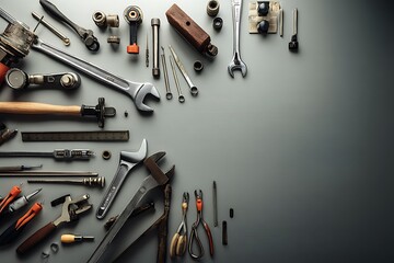 Fototapeta premium A collection of various hand tools arranged neatly on a grey background, showcasing the diversity of instruments used in different trades.