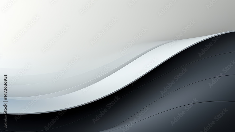 Poster Black and white image of a wave with a white background. The image has a calm and serene mood, as the wave appears to be gently rolling in and out. The contrast between the black