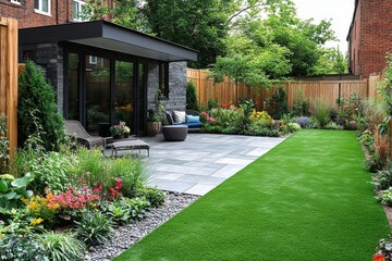 Beautifully designed garden with lush greenery and modern seating area in a residential backyard setting