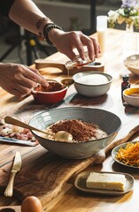 Hands prepare for Easter baking, mixing flour, cocoa, and homemade extracts on a textured wooden surface. The activities evoke warmth and family traditions, creating an inviting atmosphere