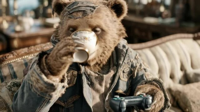 Bear with headphones and device indoor