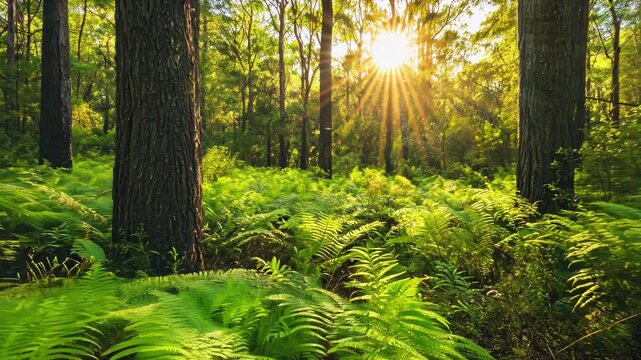 Sunset over lush green ferns in an Australian native forest, Australia native forest nature background Green ferns and trees under sunshine
