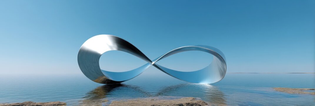 Surreal Moebius Loop: 3D Abstract Geometric Infinity in a Minimalist Seascape with Calming Blue Gradient Sky