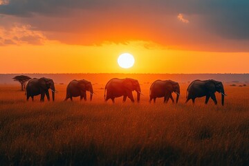 Fototapeta premium Majestic elephants walking against a stunning sunset in the savannah