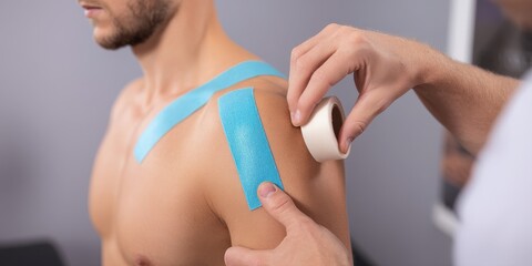 Naklejka premium Kinesiotape Technique: Physical Therapist Applying Supportive Tape on Patient's Injured Shoulder