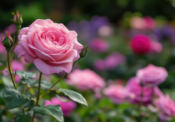 Delicate Pink Rose Bloom Surrounded by Vibrant Garden Flowers Capturing the Essence of Nature&rsquo;s Beauty in Soft Focus Background