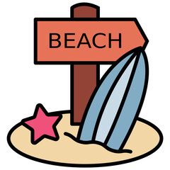 illustration of a handdrawn beach sign with surfboard 