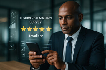 Online customer satisfaction Survey service concept, client rate service from experience in application, Consumer give five-Stars and feedback review for quality