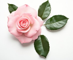 Fototapeta premium Delicate Pink Rose with Lush Green Leaves on a White Background, Perfect for Nature and Floral Themes in Art and Design Projects