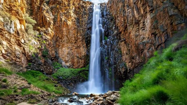 Majestic waterfall cascades from cliff in Morialta Conservation Park during a sunny day, High waterfall falls from cliff in Morialta conservation park and nature reserve