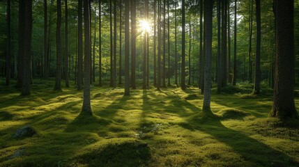 Naklejka premium Lush forest floor bathed in golden sunlight.