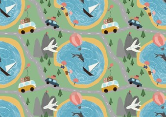 Seamless travel adventure pattern with cars, planes, hot air balloons, and beach scenes in hand-drawn style. Perfect for kids and travel designs.
