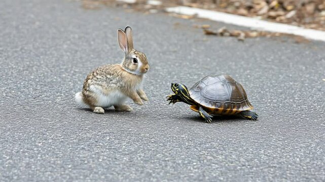Unexpected face-off between a wild rabbit and a turtle on asphalt road setting, close up
