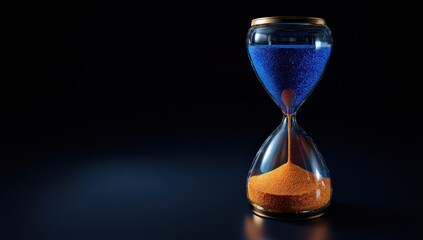 Vibrant hourglass with blue and orange sand on black background.