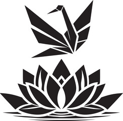 Silhouette vector of an origami crane and lotus combo, symbolizing peace, purity, and harmony in minimalist Japanese design style.