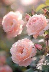 Delicate Pink Roses Blooming in a Soft Blurry Garden Background with Gentle Evening Light Emphasizing Their Elegance and Beauty