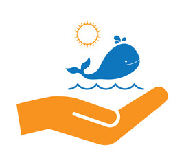 hand hold whale on waves icon
