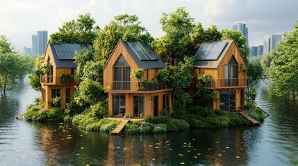 Obraz premium Sustainable homes on a lush island in a flooded city.
