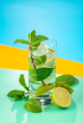 Mojito cocktail with ice, lime and mint.