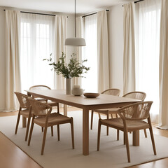 Minimalist, japandi interior design of modern living room with dining table.