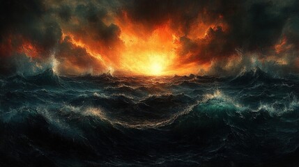 Fototapeta premium Dramatic seascape of a turbulent ocean under a fiery sky.