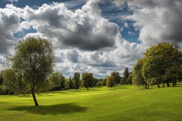 Tranquil Golf Course Surrounded by Lush Greenery and Blue Skies with Fluffy Clouds