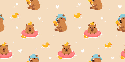 Fototapeta premium Seamless pattern with cute summer capybaras in various poses and items. Hand drawn cartoon flat style. Vacation seasonal template for design, kids collection