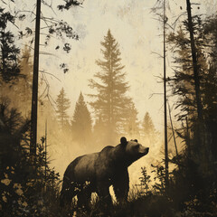 Grizzly bear standing in forest during sunset with silhouette background  