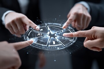 Diverse hands collaborating on digital interface.