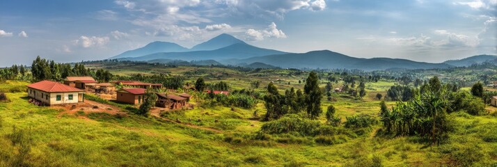 Fototapeta premium Stunning Panoramic View of Uganda's Rural Landscape with Muhavura Mountain in the Distance, Showcasing Serene Farmland and Charming Village Life