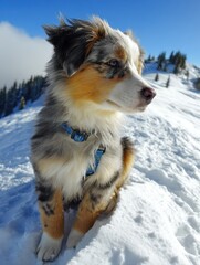 Adventurous Toy Australian Shepherd Playing in Snowy Wilderness