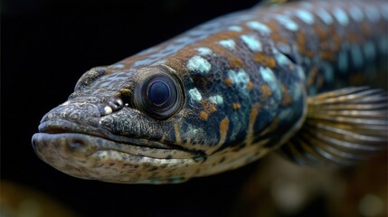 Intricate Closeup of Snakehead Fish (Channa Lucius) in Deep Aquatic Habitat with Rich Black and Brown Details