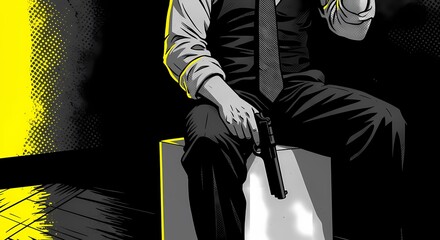 A figure is depicted sitting on a cubic object, holding a gun in one hand and a glass or cup in the other, against a stark black and white background with yellow accents. 