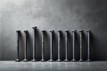 A row of various metallic screws against a grey concrete wall background.