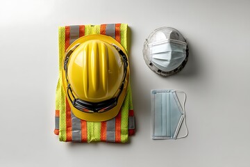 Construction Worker Safety Equipment: Yellow Helmet, Safety Vest, and Face Masks on White Background