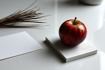 A minimalist still life with a red apple on a white notepad.