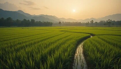 Fototapeta premium Serene Sunset over Lush Green Rice Paddies and Mountains