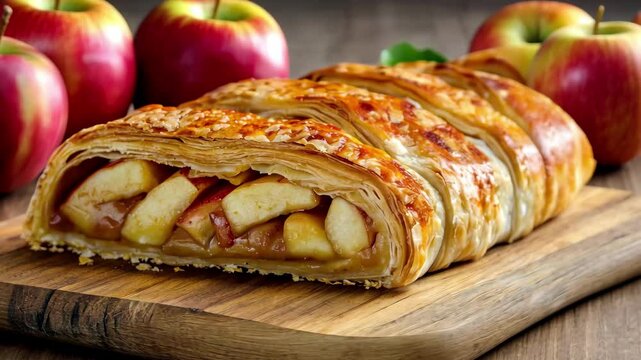 Deliciously baked apple strudel rests on a wooden cutting board with fresh apples nearby, Freshly baked apple strudel on wooden cutting board with apples in background