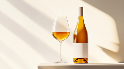 A bottle of white wine with two glasses casts elegant shadows on white.