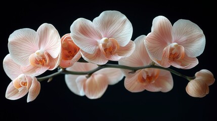 Delicate peach-toned orchids on a stem, with intricate details against a dark backdrop