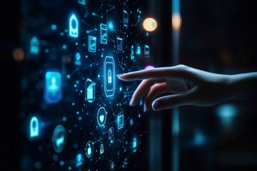 Interactive digital interface with various connected icons, a finger touches a central security icon