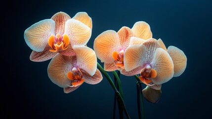 Beautiful orchids bloom, peach petals gracefully striped, set against a dark, serene backdrop