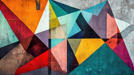 Obraz premium Abstract geometric mural with vibrant colorful triangles and polygons on weathered concrete wall creating modern urban street art design