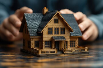 Creating detailed designs for a wooden house model on a patterned table during an indoor workshop