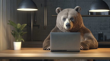 Realistic bear sitting at a desk using laptop in a modern office  