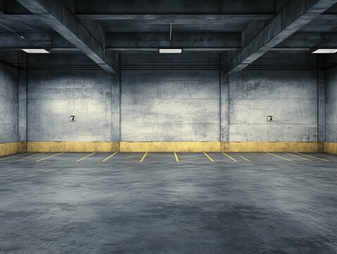 Empty parking space with concrete walls, beams and yellow parking lines.