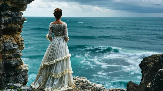 Enchanting maritime scene: woman near ocean, rhythmic waves, romantic ambiance, neoclassical influence, baroque refinement, rococo sophistication, medieval echoes, artistic expression serene elegance.